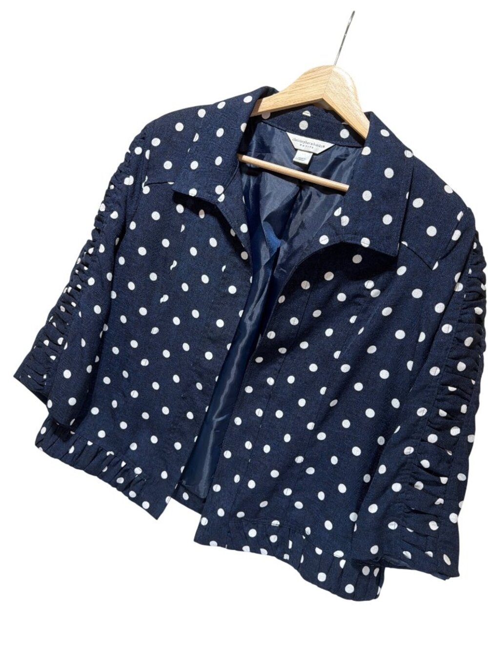 Christopher & Banks Petite Polka Dot Navy Blue Jacket With Ruched Sleeves